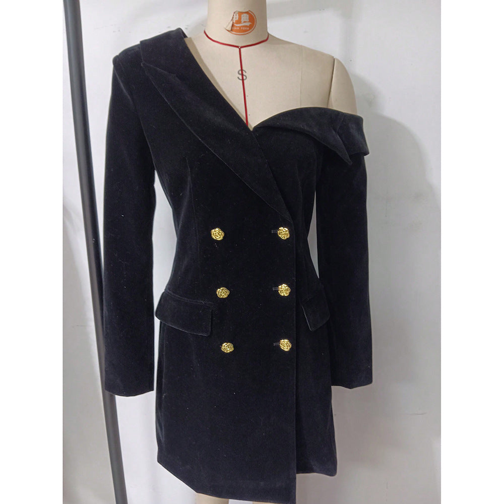 Women gold velvet long-sleeved Blazer dress 10