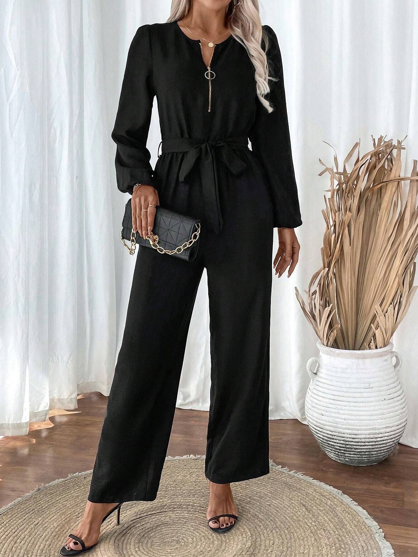 Women’s Casual Fashion Long Sleeve Zipper Belted Jumpsuit 6