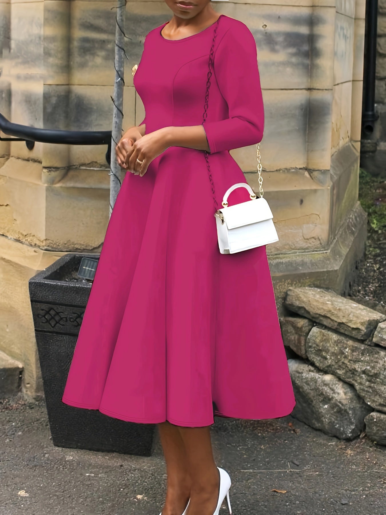 Plus size Women three-quarter sleeve round neck dress 4