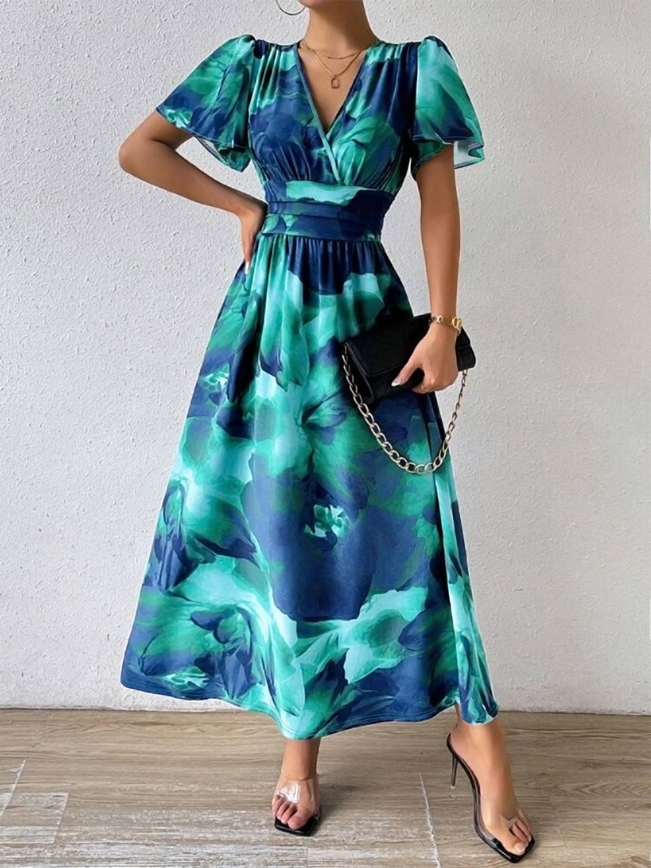 Plus Size Women Elegant V Neck Tie-Dye Print Maxi Dress 4