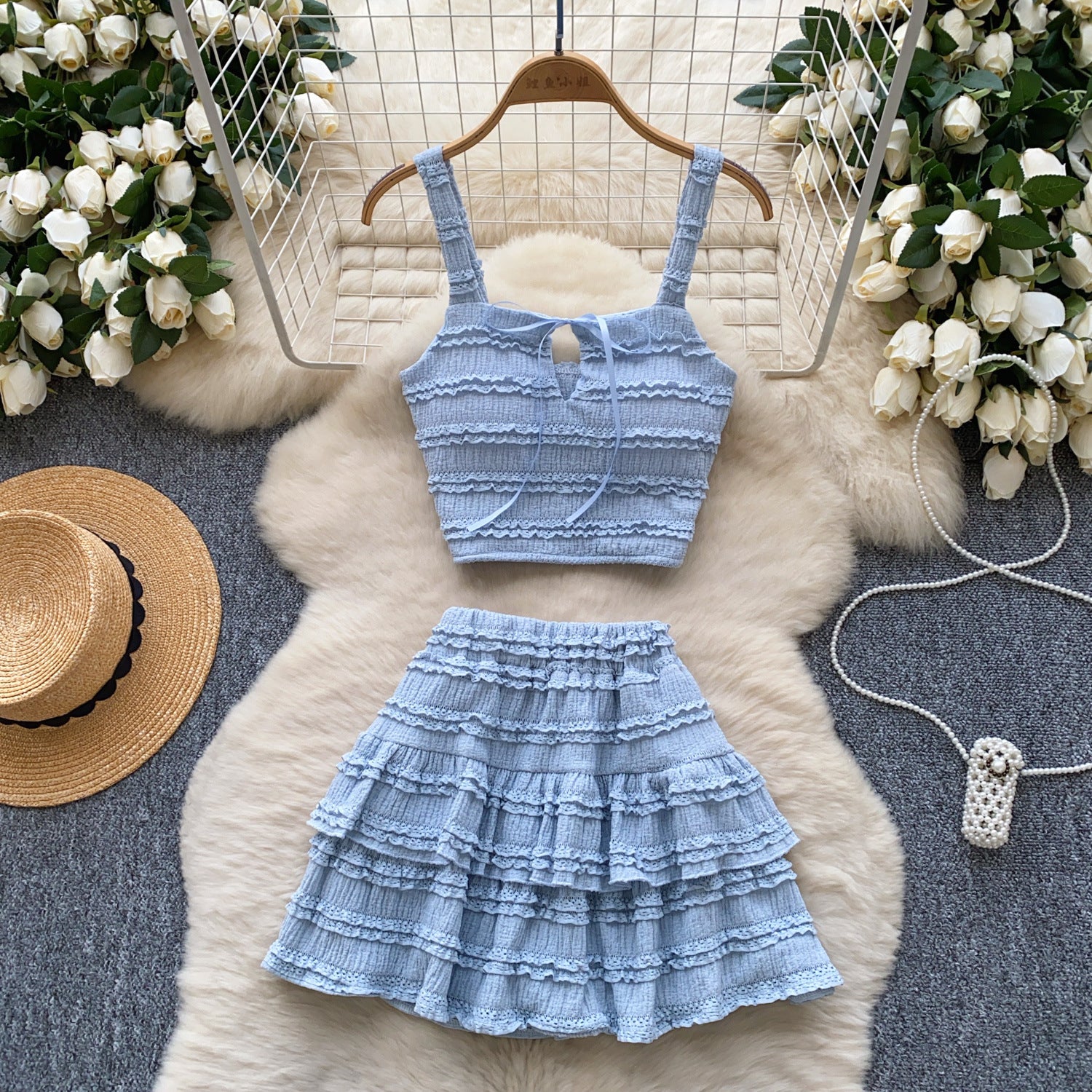 Summer Chic Women's Square Neck Camisole Vest High Waist Pleated Ruffle Skirt Two Piece Set 8