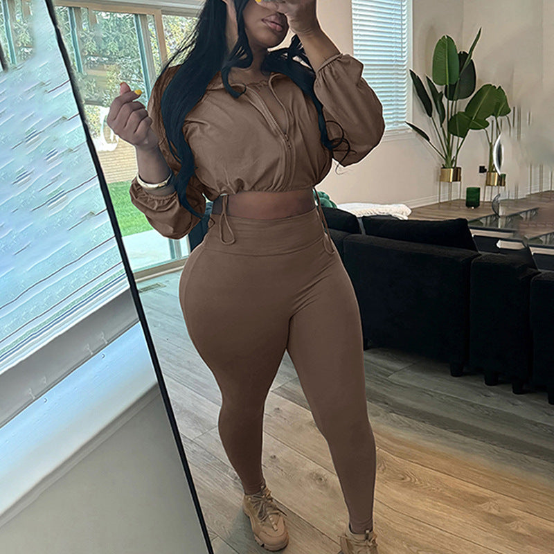 Spring And Autumn Sexy Drawstring Slim Waist Crop Top High Waist Tight Fitting Trousers Two Piece Set 8