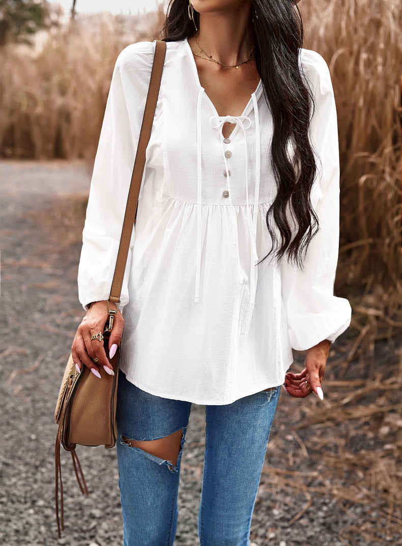 Women Chic Career Solid V Neck Long Sleeve Top 19