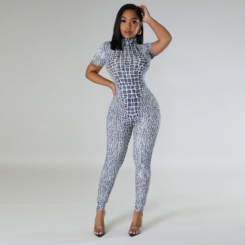 Fashion Print Tight Fitting Sexy Women's Short Sleeve Jumpsuit