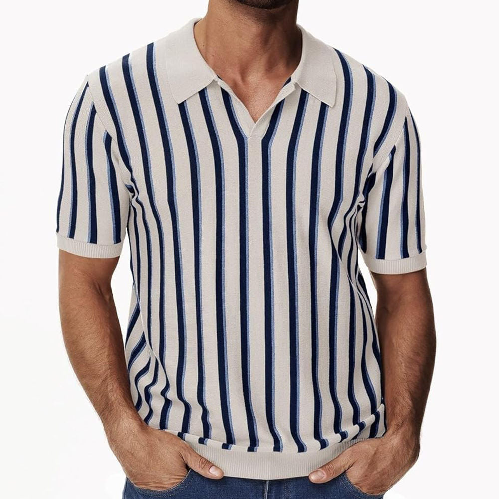 Men's Summer Turndown Collar Chic Striped Knitting polo Shirt Short Sleeve Tops 5
