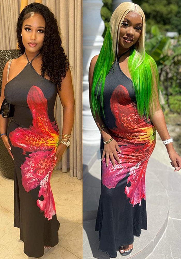 Women Floral Print Halter Neck Lace Sleeveless Bcakless Maxi Dress