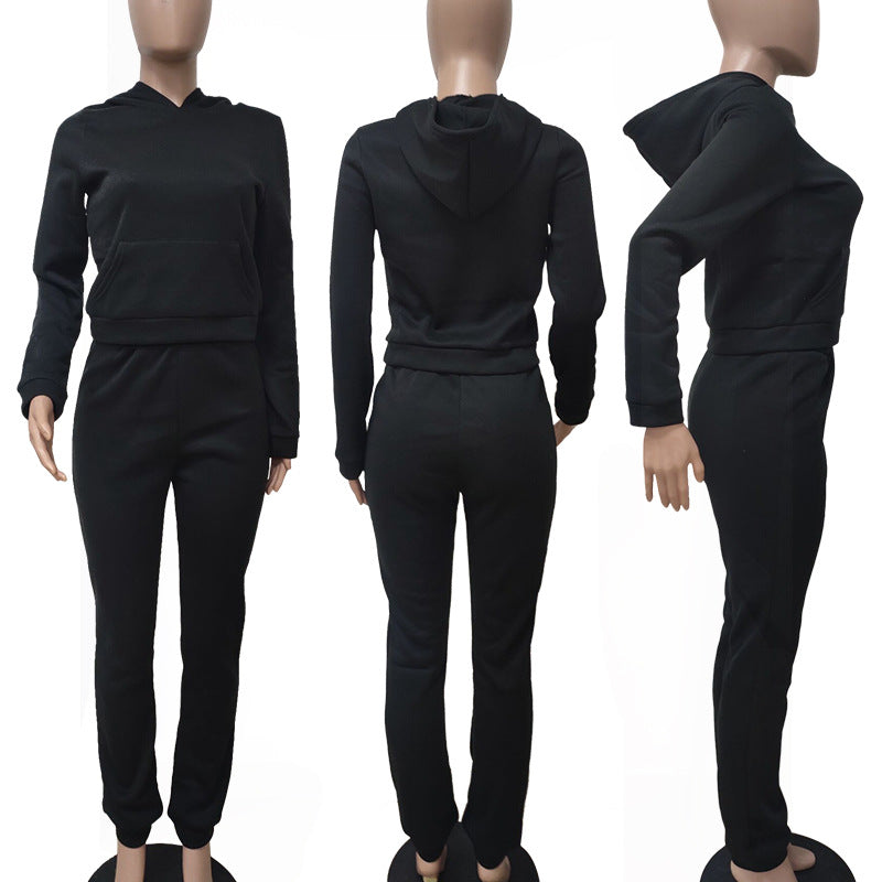 Women Fall/Winter Solid Hoodies and Pant Sport Two-Piece Set 18