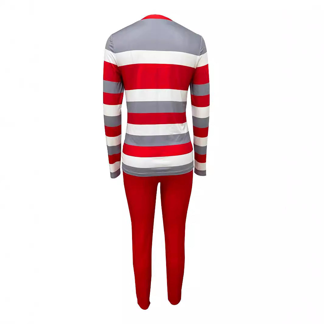Autumn winter women's stripes Letter print Round Neck long sleeve T-shirt slim pants Casual two piece set 4