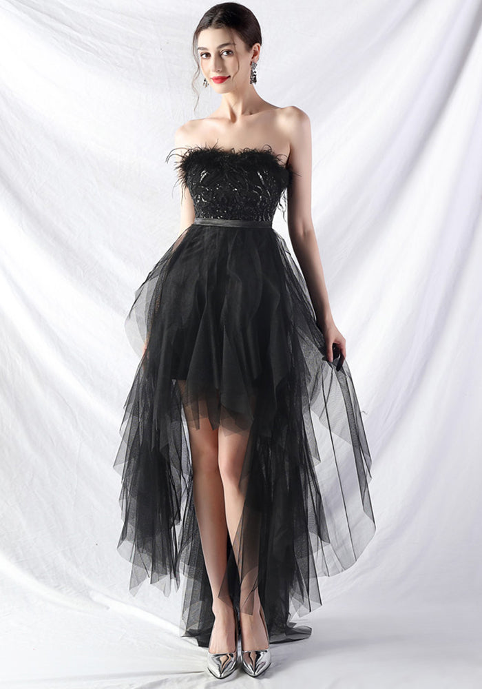 Women ostrich feather sequin mesh wrap chest evening dress