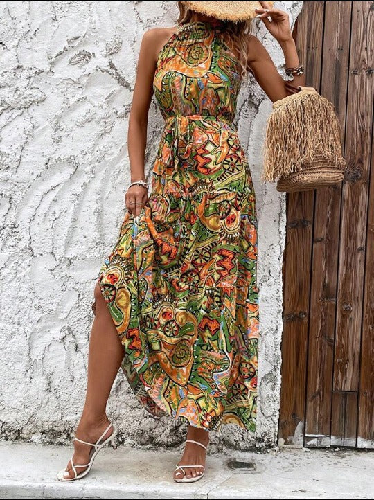 Women Printed Retro Halter Neck Bohemian Dress 3