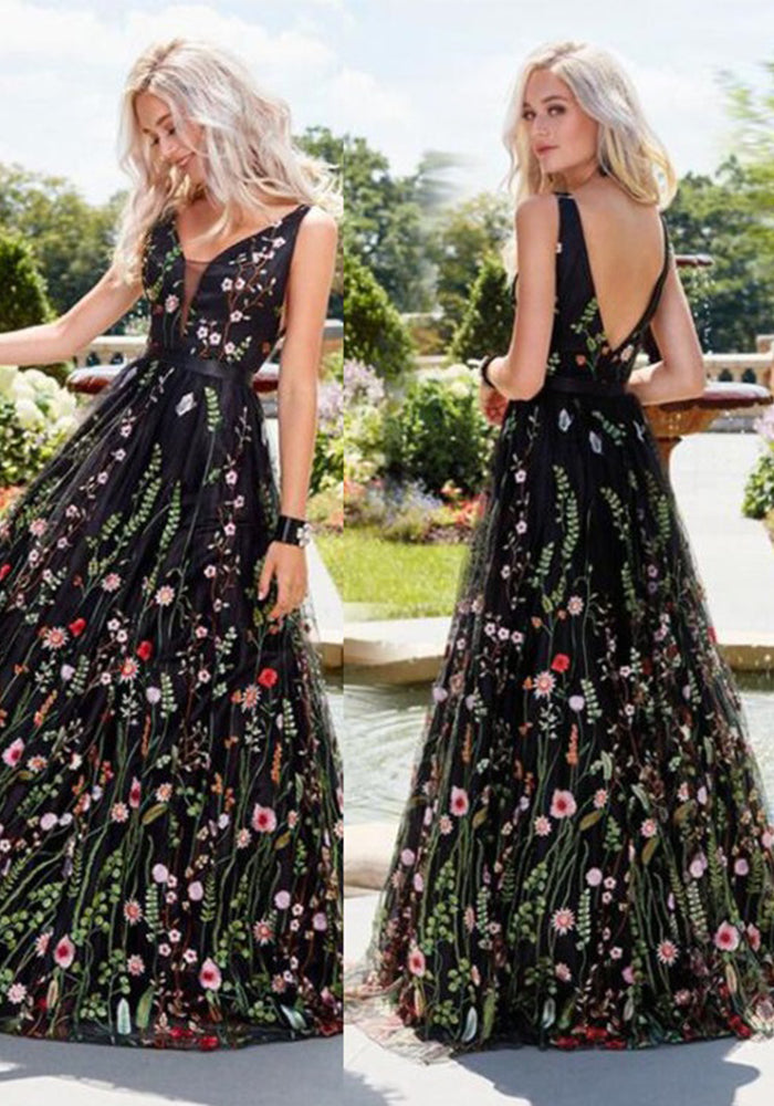 Women Sexy Deep V Sleeveless Embroidered Backless Maxi Dress