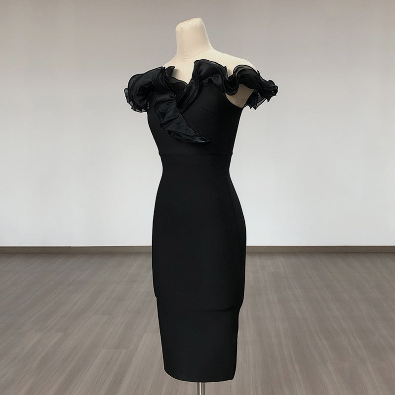 Ruffle Bandage Dress Fashionable And Elegant Off Shoulder Strapless Black Formal Party Dress 8