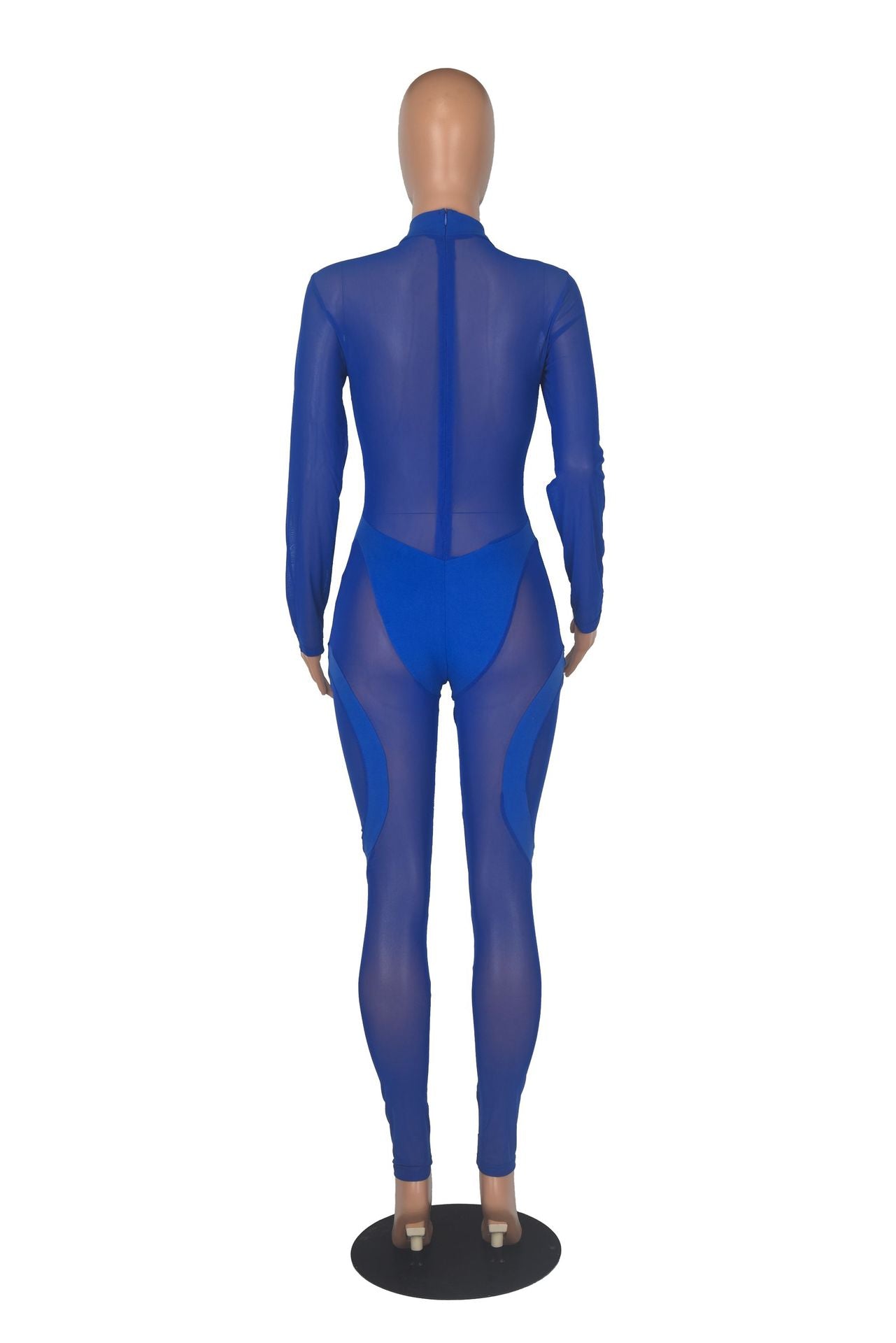 Women'S Mid Neck Sexy Long Sleeve See-Through Mesh Patchwork Jumpsuit 13