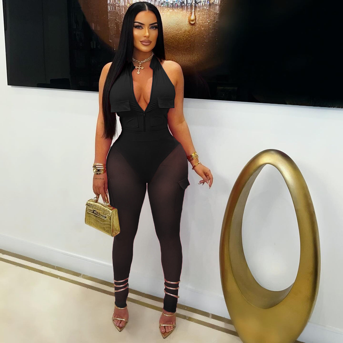 Summer Deep V-Neck Sleeveless Tight-Fitting Bodysuit Pocket Mesh Pants Set