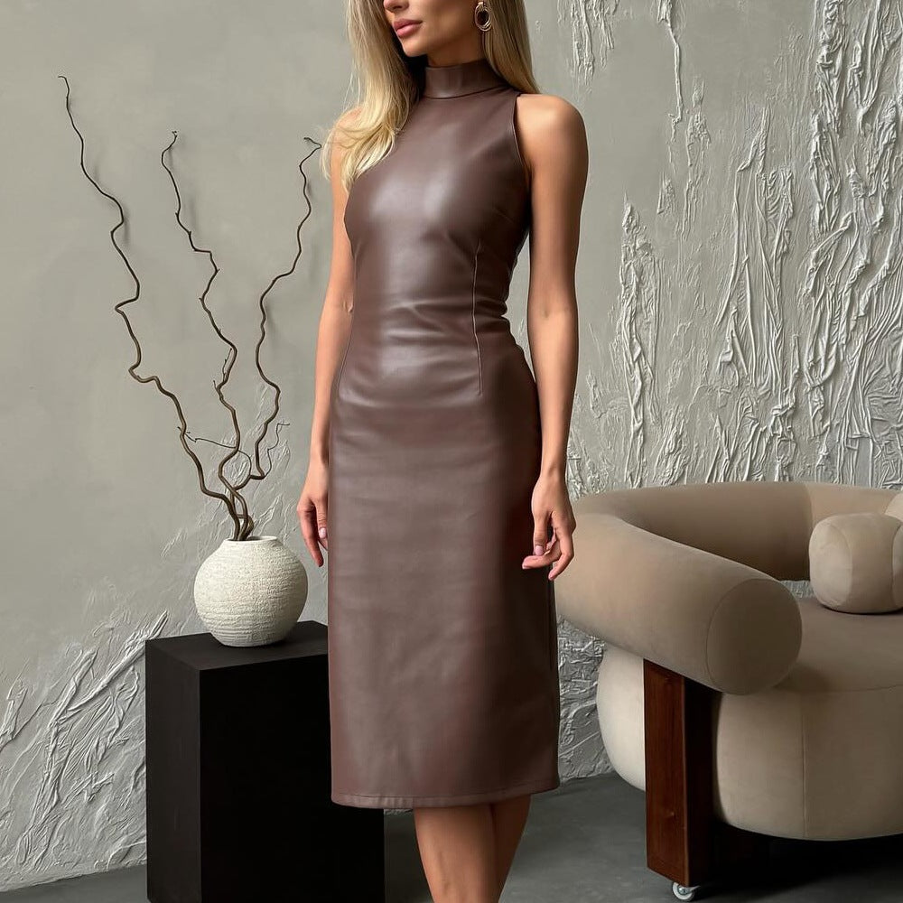 Women Sleeveless Stand Collar Slit Solid pu Leather Dress 4