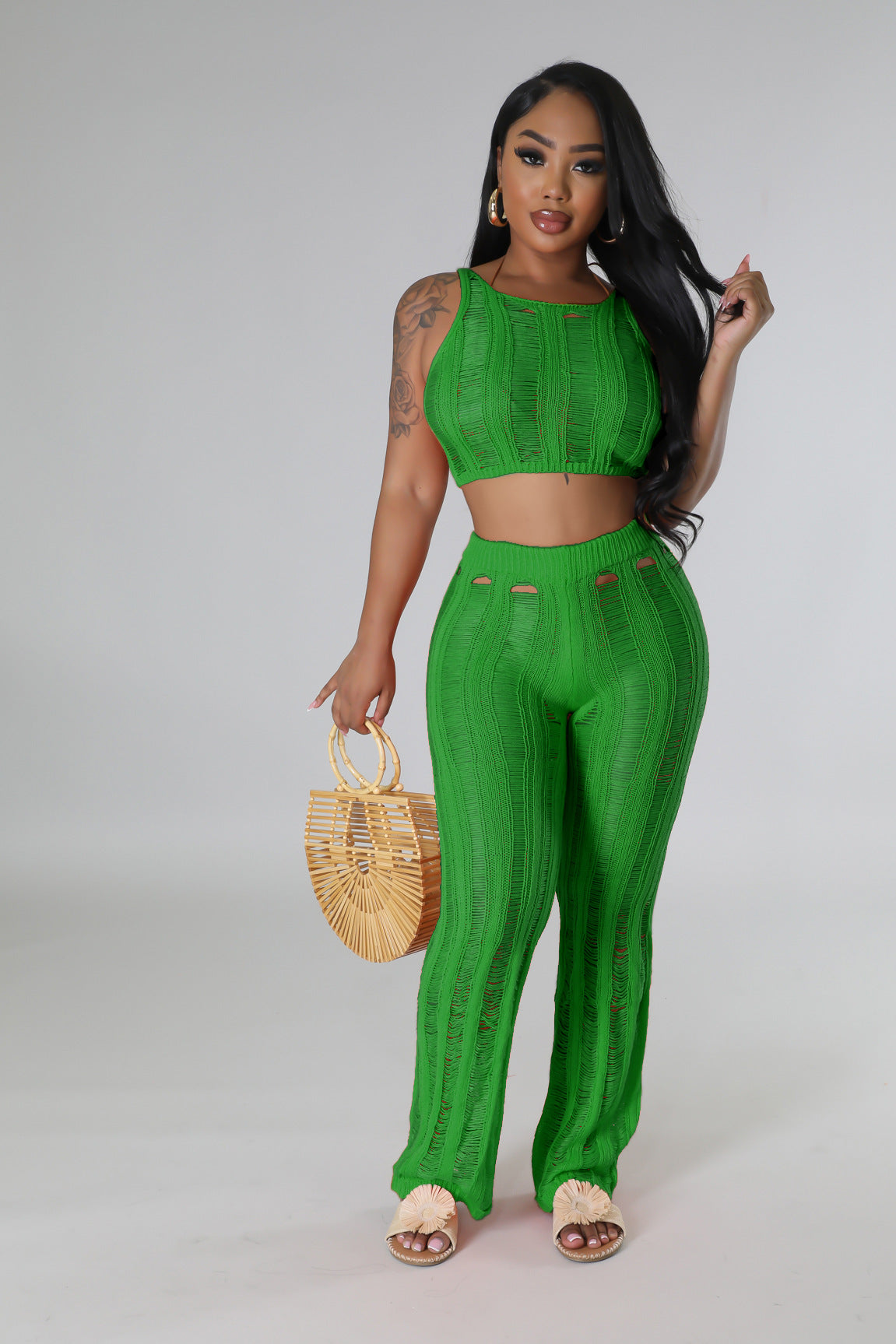 Summer Women Sexy Round Neck Sleeveless Ripped Crop Top and Pant Two-Piece Set 6