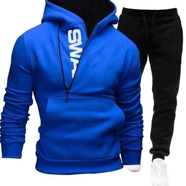 Men's Side Zip Contrast Hood Fleece Hoodies Sweatpants Two Piece Set 10