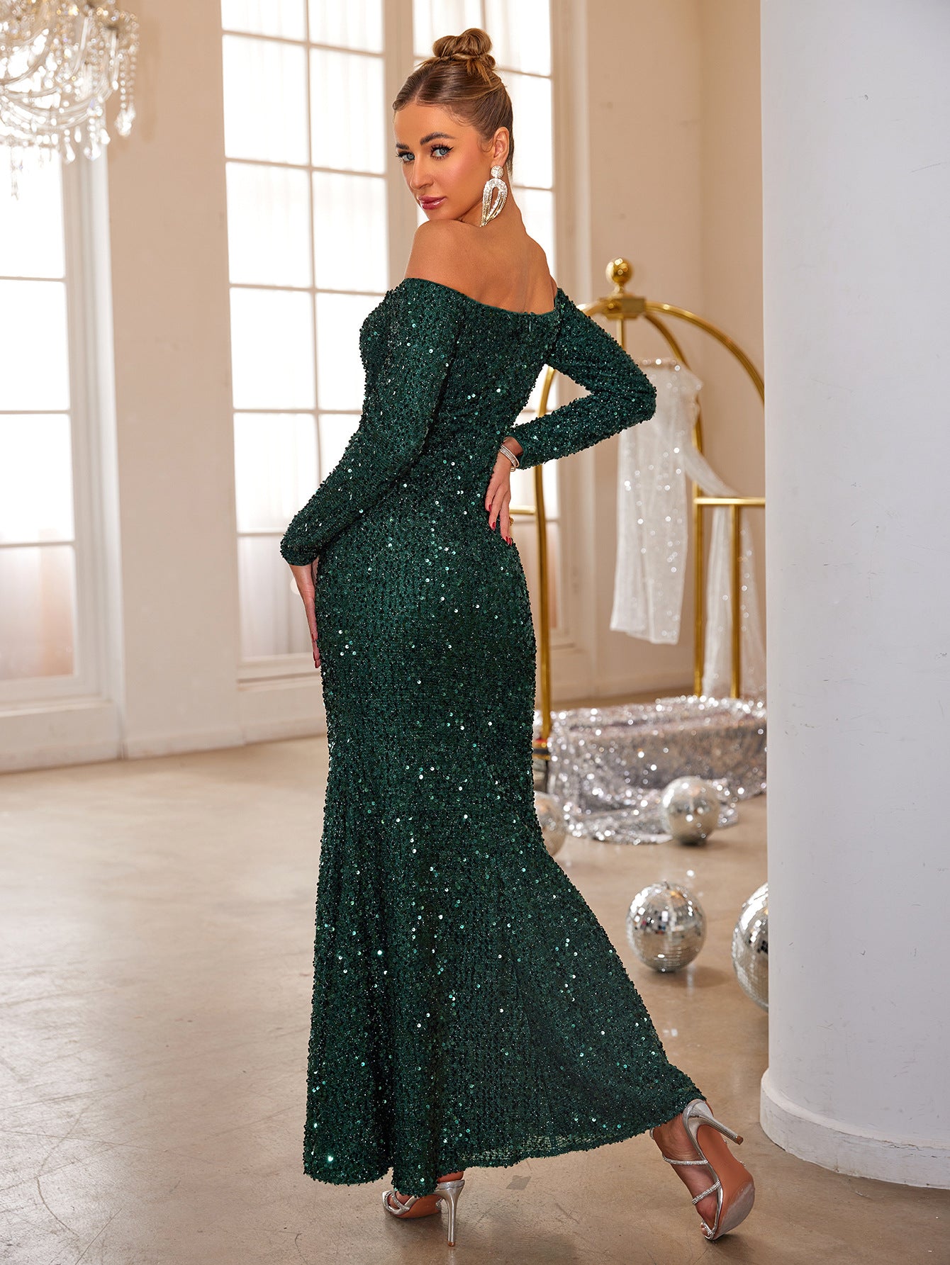 Chic Off Shoulder Solid Color Formal Party Long Sequin Evening Dress 6