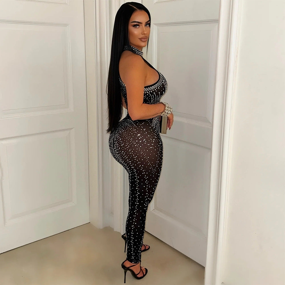 Women Sexy Mesh Beaded See-Through Sleeveless Jumpsuit 4