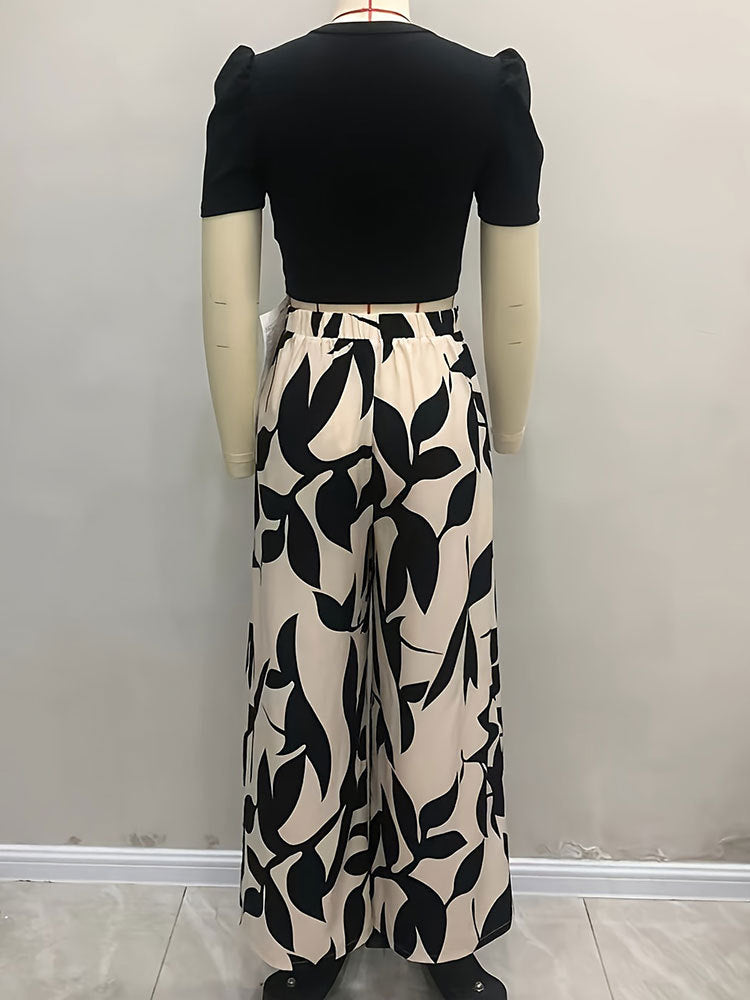 Leaf Print Casual Wide Leg Pants Short Sleeve Tight Fitting Crop T-shirt Spring and Summer Two-piece Pants Suit 5