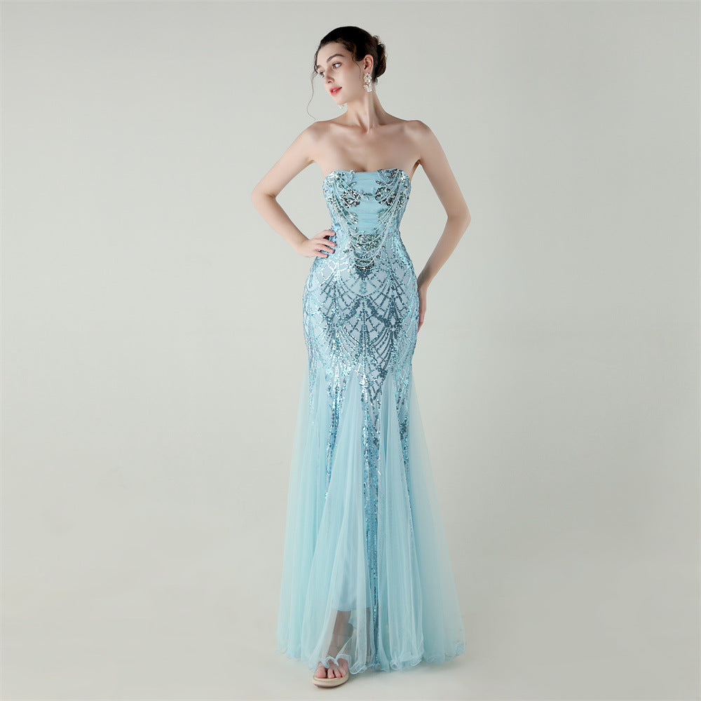 Women sequined mesh beaded tube flower Strapless fishtail skirt Formal Party evening dress