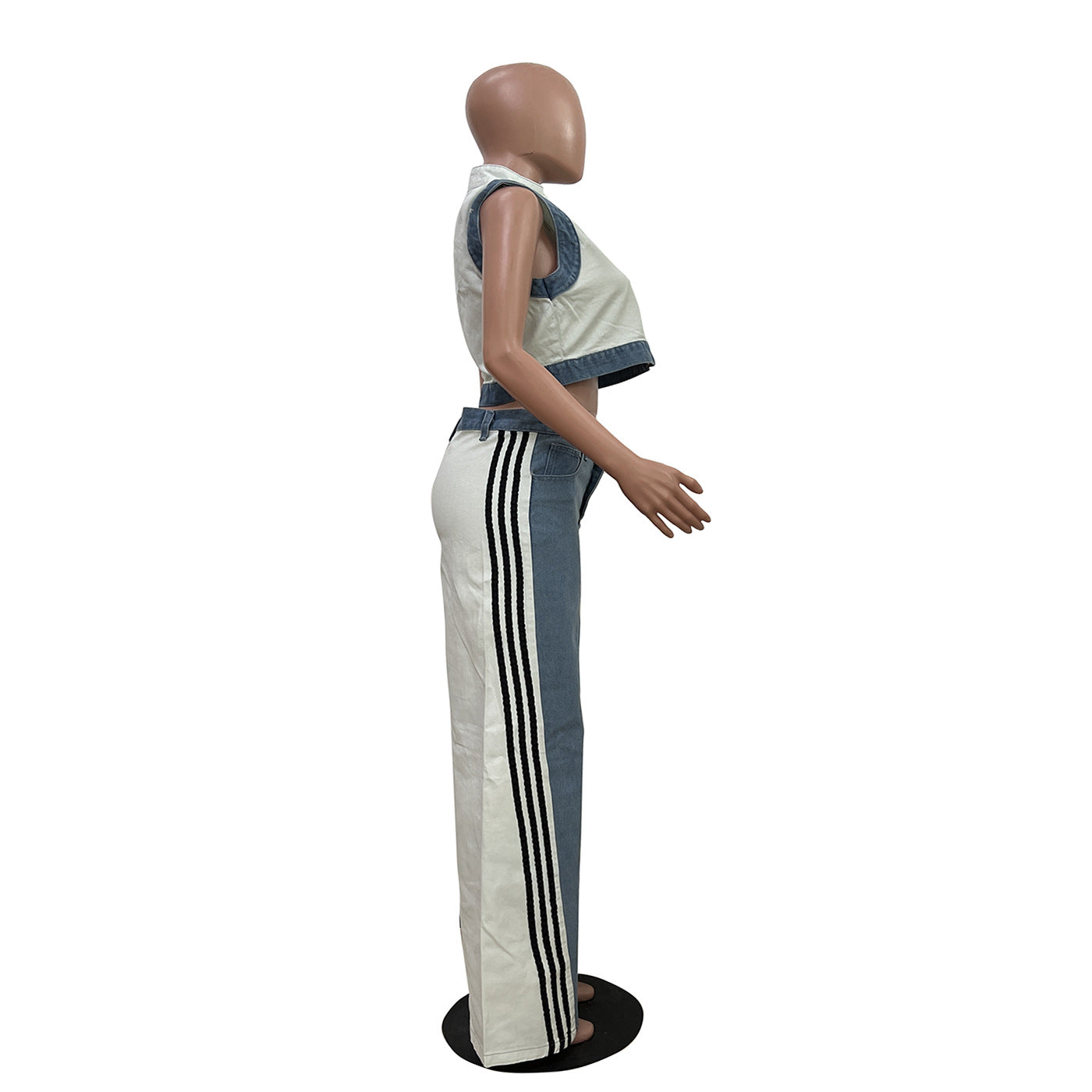 Women casual webbing patchwork top and denim wide-leg pants two-piece set 9