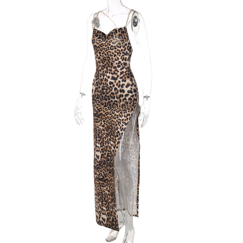 Women Spring Fashion Leopard Print Backless Chain Straps Midi Dress 7