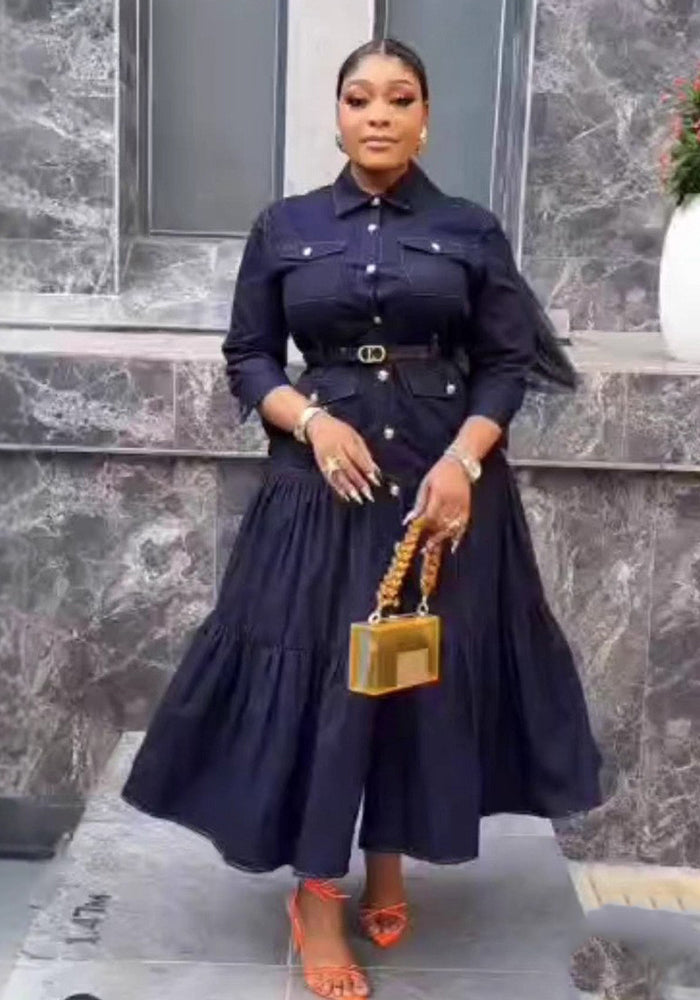 Women's Turndown Collar Metal Button High-Waist Denim Skirt