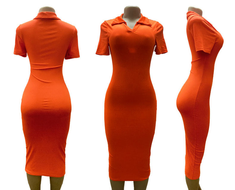 Women Summer Turndown Collar Short Sleeve Sexy Solid Bodycon Dress 11
