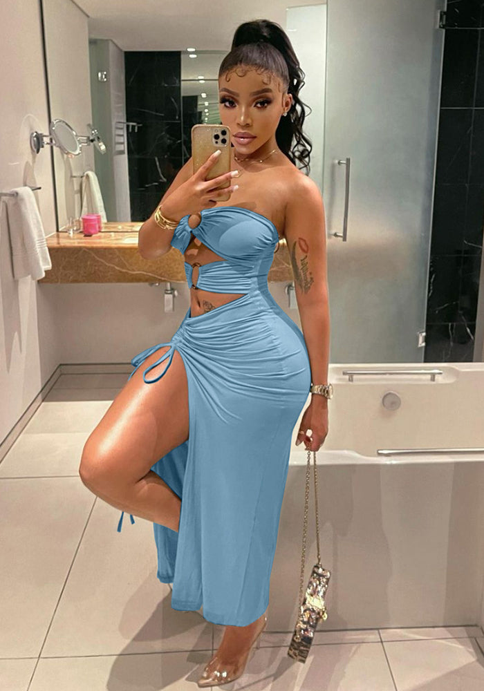 Spring/Summer Strapless Buckle Hollow Split Sexy Long Dress