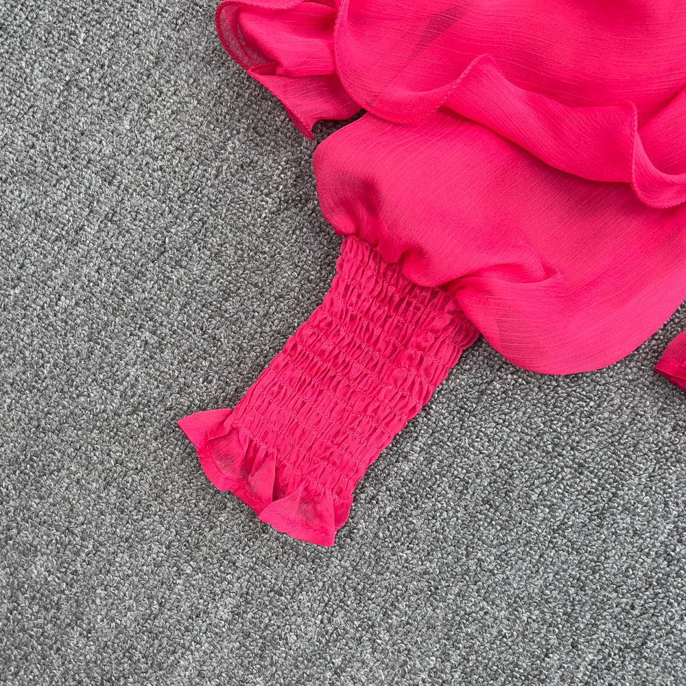 Spring Sexy Deep V-Neck Ruffled Slim Waist Lantern Sleeve Chiffon Shirt 16