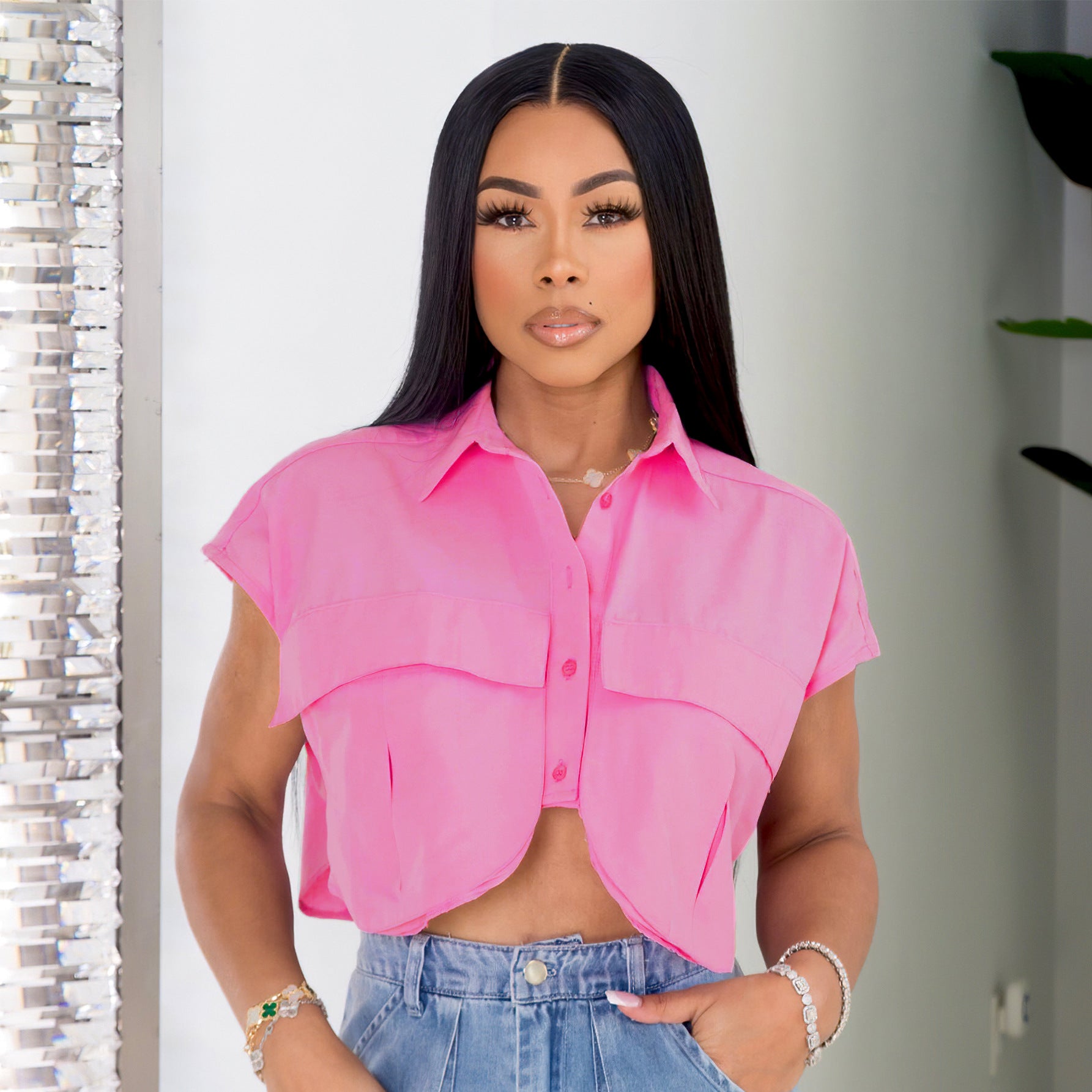 Sexy Solid Color Pocket Patchwork Irregular Loose Single Breasted Shirt 14