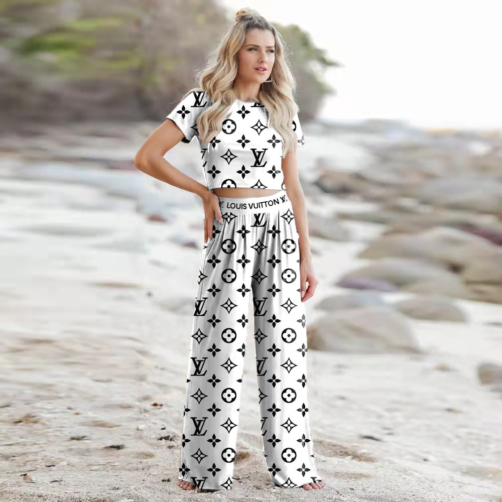 Women's Summer Sexy Short Sleeve Wide Leg Two-Piece Pants Set 3