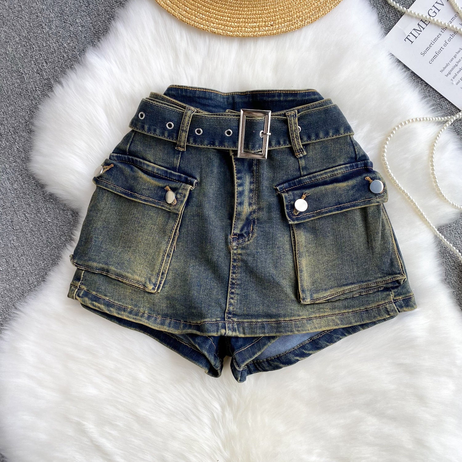 Women American Retro Cargo Denim Shorts 4