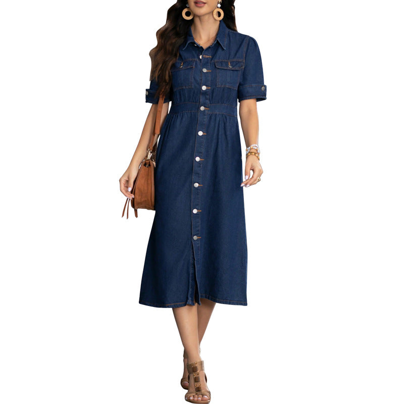 Women Denim Turndown Collar short-sleeved dress 7