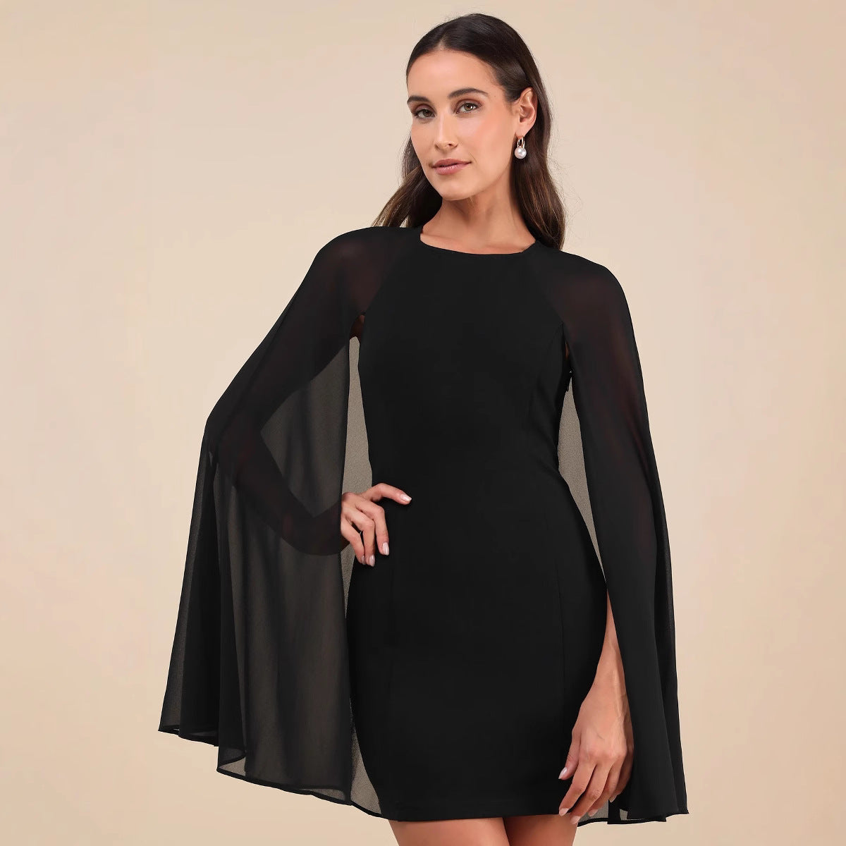Solid color Mesh Cape Patchwork Round Neck Slim Dress 7