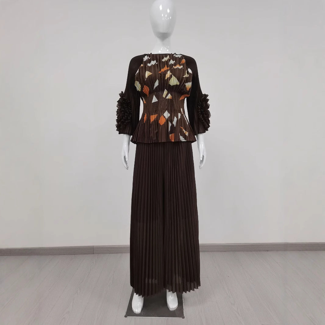 Plus Size Women Casual Pleated Top and Wide Leg Pants Two Piece Set 11