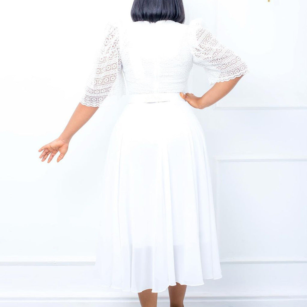 African Women Short Sleeve Square Neck With Belt Chiffon Beaded Dress 5