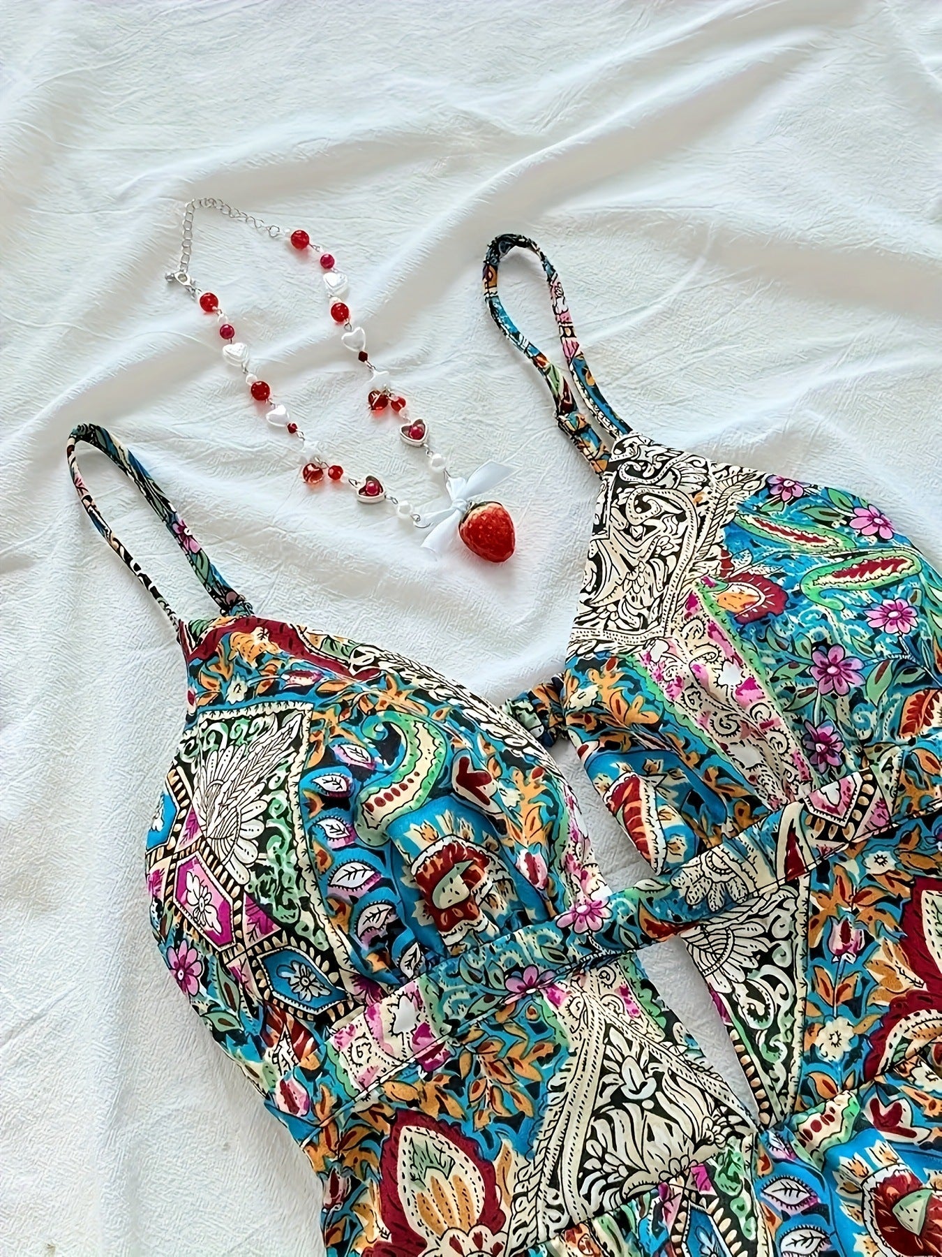 Women flower print hollow suspender V-neck backless sexy holidays beach dress 5