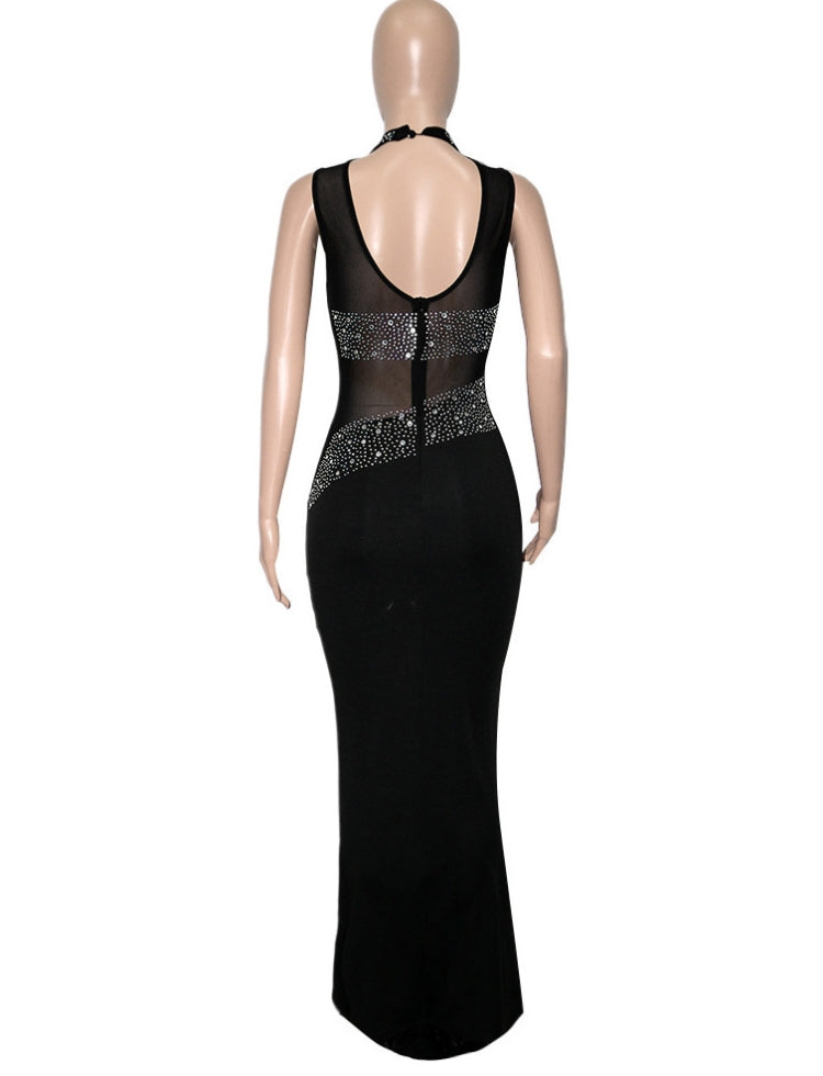 Winter Sexy Black Beaded Mesh Patch Sleeveless Evening Dress 3