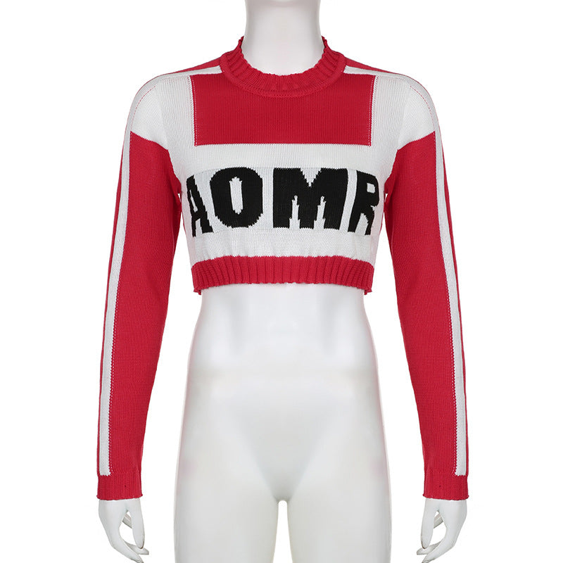 Women Patchwork Contrast Letter Half-High Neck Long Sleeve Crop Sweater 6