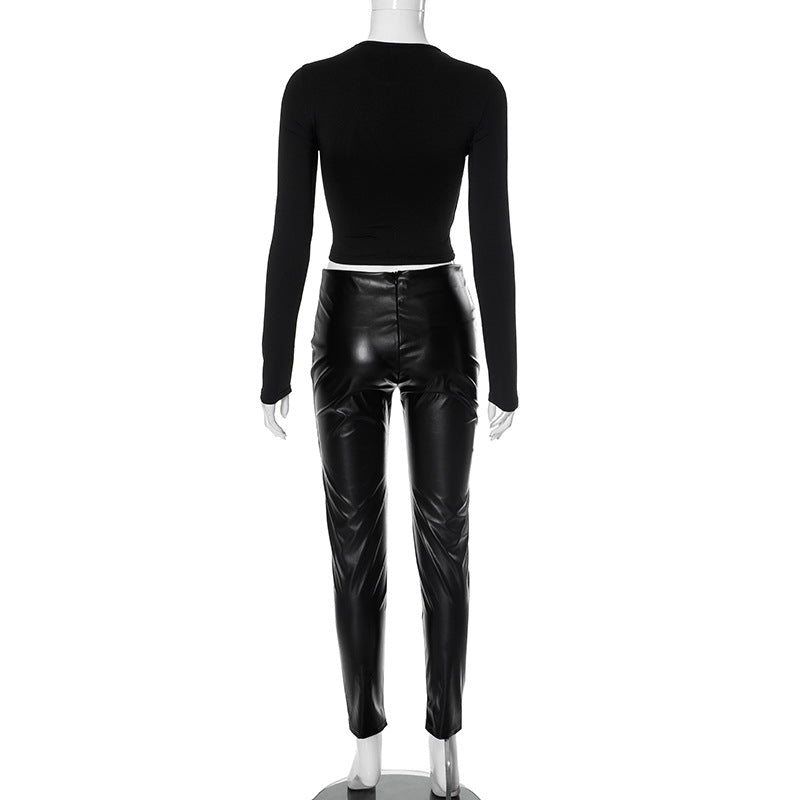 Women long sleeve stretchy pu Leather Top And PantTwo Piece Set 9