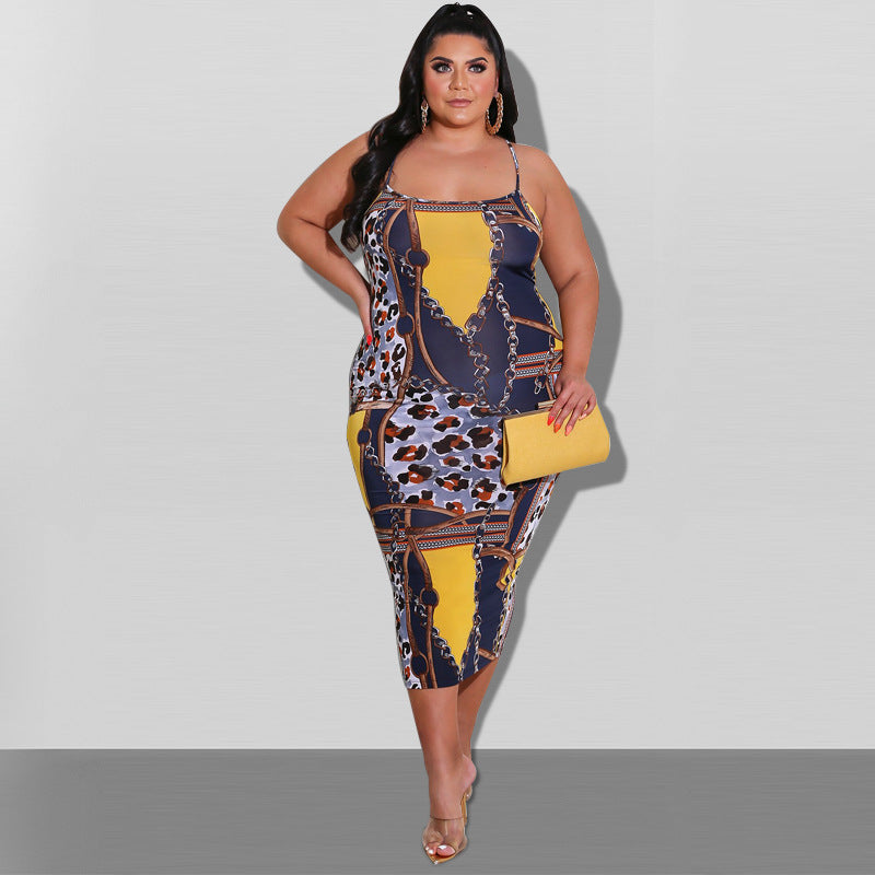 Plus Size Women Summer Print Backless Strap Dress 4