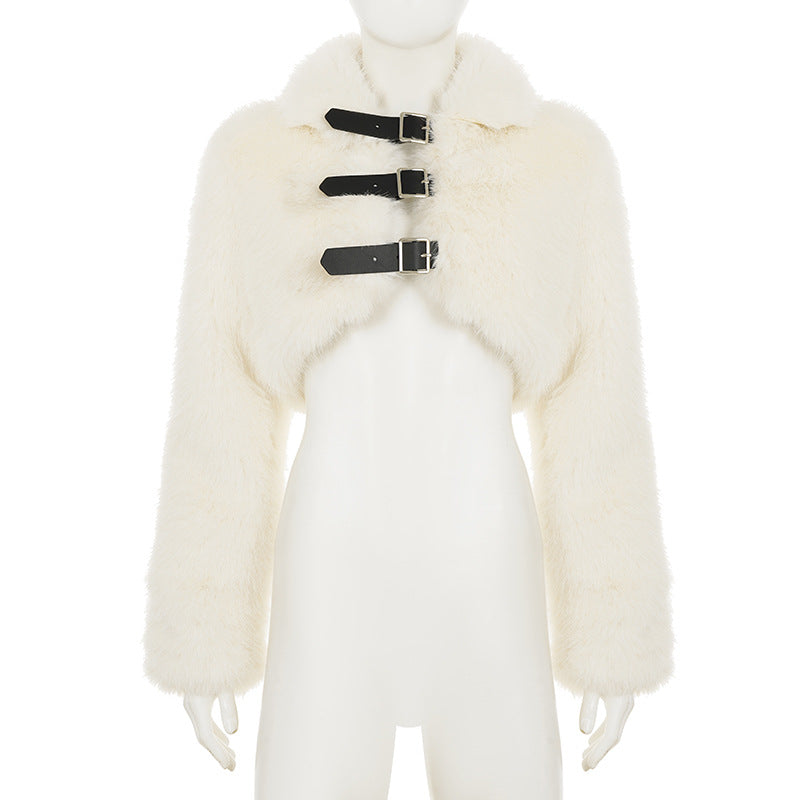 Women fall/winter faux furry metal Pu-Leather buttoned turndown collar top 7