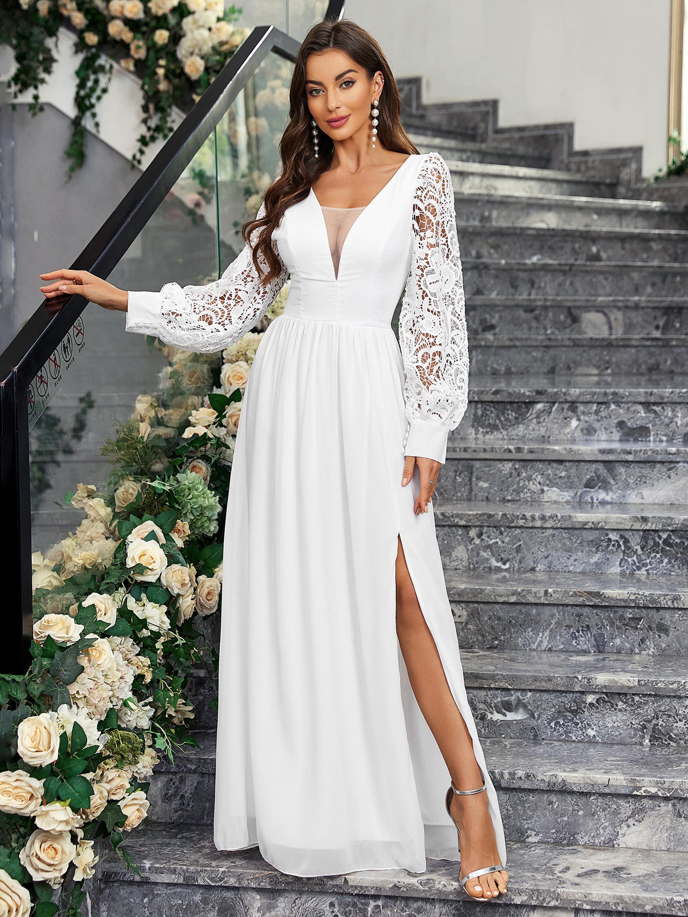 Spring Elegant V-Neck Low Back Long Sleeve Slit Women's Wedding Dress 4
