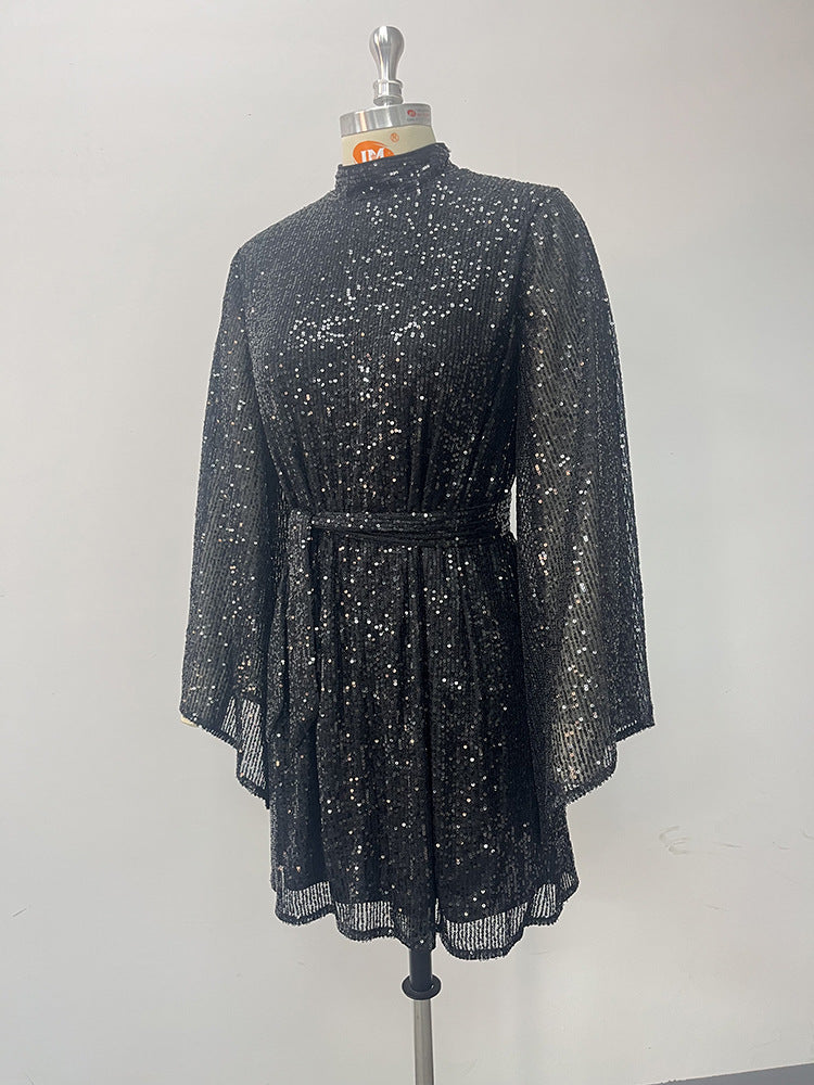 Women Turtleneck Bell Bottom Sleeve Sequined Black Cocktail Dress 11