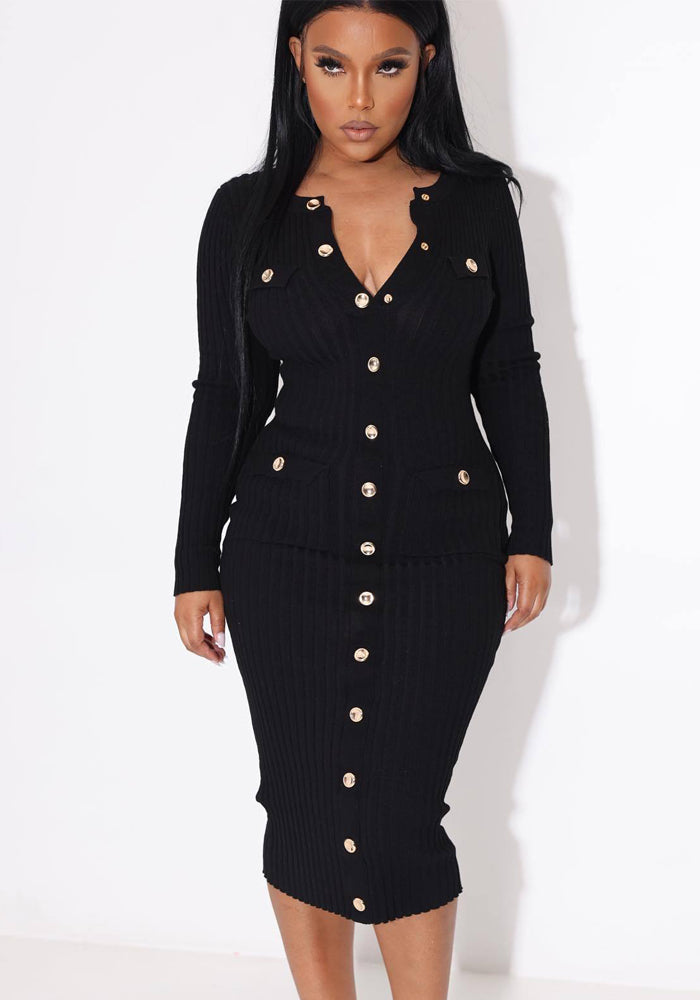 Ribbed Button Pocket Tight Fitting Stretch Dress