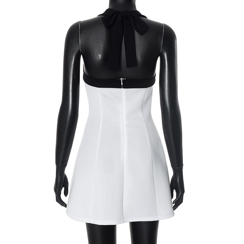 Women contrast color Halter Neck lace sexy dress 8