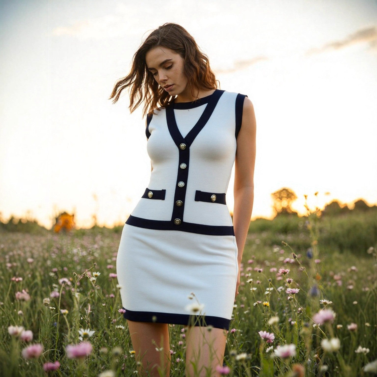 Women elegant button-down colorblock sleeveless single-breasted knitting dress