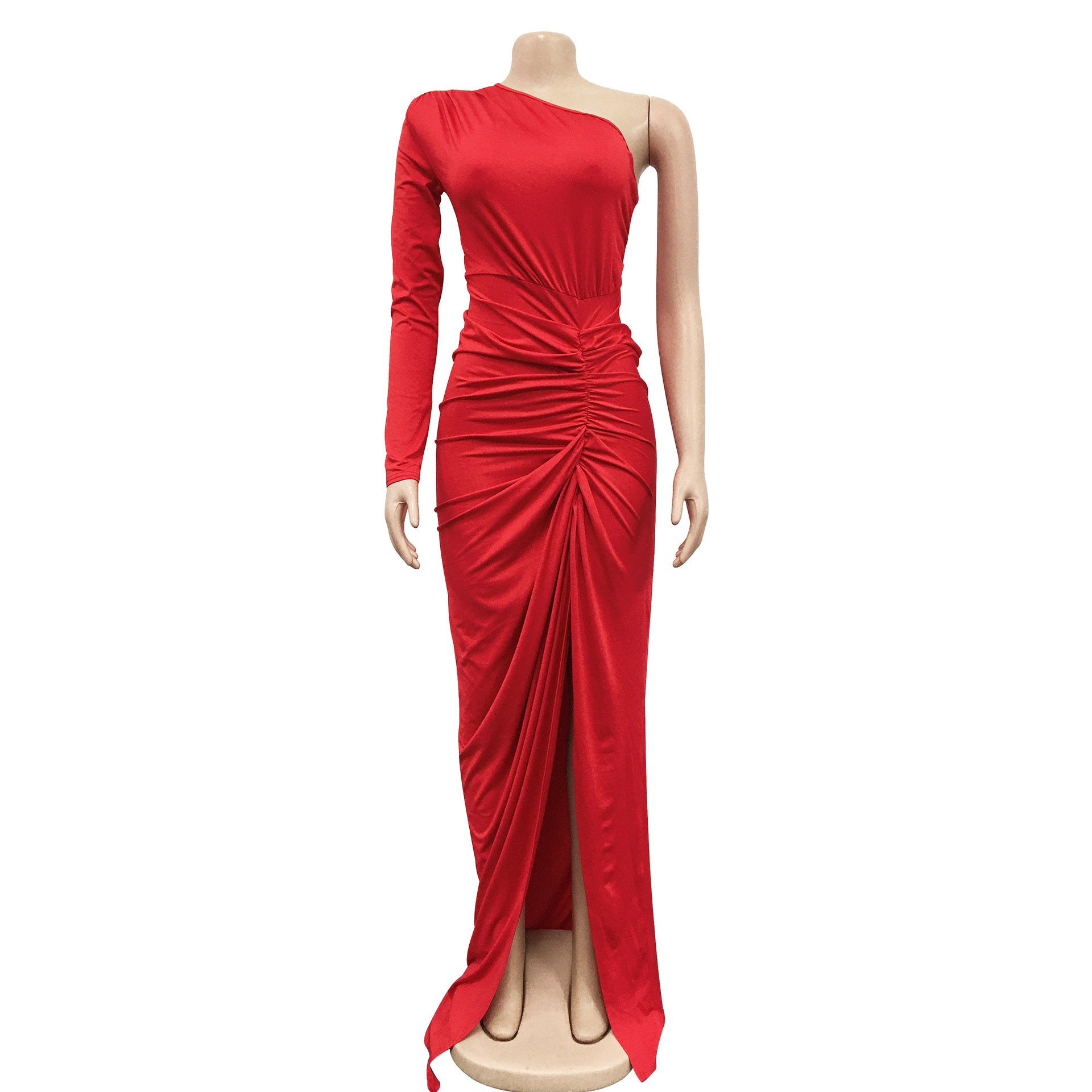 Fashion Women's Solid Color Slash Shoulder Single Long Sleeve Long Pleated Dress 26